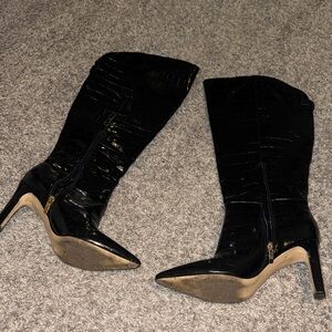 Black Croc-Embossed Knee-High Boots